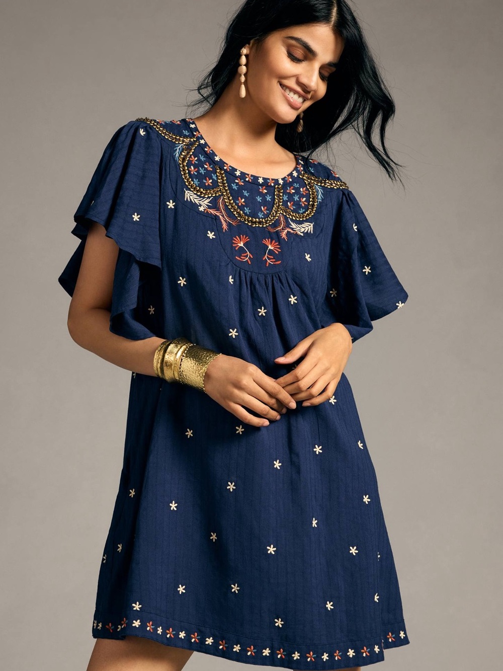 Anthropologie Embroidered Navy Flutter-Sleeve Women's dress